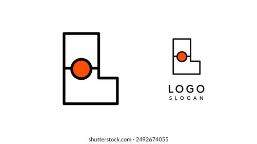 Abstract L letter logo with blue dots. Minimalist linear design, bold and clean letter monogram for corporate branding, tech startups, innovative businesses, and game apps. Vector illustration.