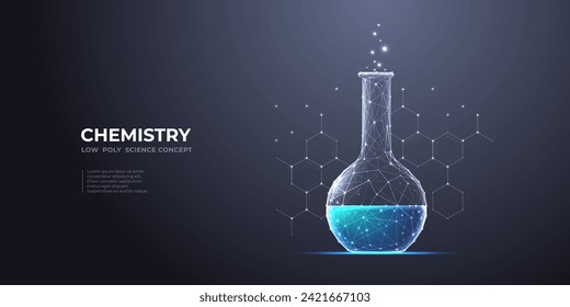 Abstracto matraz de laboratorio con líquido azul y molécula química. Concepto de ciencia y educación. Tubo de ensayo de vidrio policlínico de laboratorio sobre fondo oscuro. Ilustración vectorial de malla baja en la tecnología