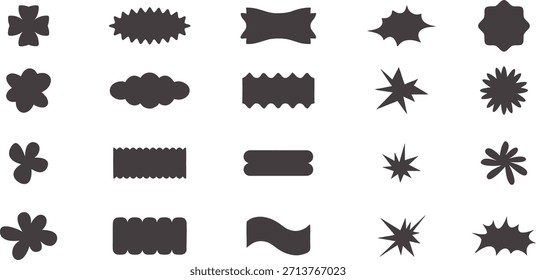colección Abstractas de la forma de la etiqueta y de la insignia en estilo minimalista audaz. Gotas decorativas, ráfagas y marcos para proyectos de Diseño gráfico modernos. Elementos de Vector versátiles ideales para embalajes, logotipos, pegatinas
