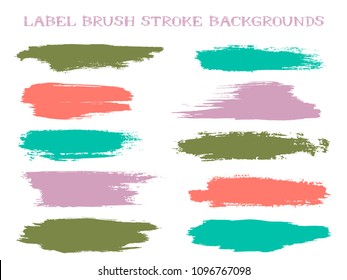 Abstract label brush stroke backgrounds, paint or ink smudges vector for tags and stamps design. Painted label backgrounds patch. Interior colors scheme swatches. Ink smudges, red green purple stains.