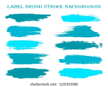 Abstract label brush stroke backgrounds, paint or ink smudges vector for tags and stamps design. Painted label backgrounds patch. Interior colors guide book elements. Ink smudges, stains, cyan spots.