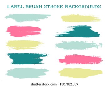 Abstract label brush stroke backgrounds, paint or ink smudges vector for tags and stamps design. Painted label backgrounds patch. Vector ink color palette samples. Ink smudges, stains, teal pink spots
