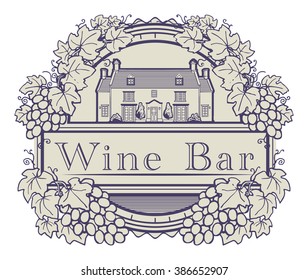 Abstract label with Grape vines around a round stamp, traditional vintage wine label, with old farm house inside, vector illustration

