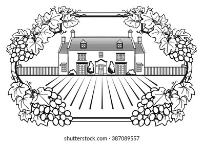 Abstract label with Grape vines around a round stamp, traditional vintage wine label, with old farm house inside, vector illustration