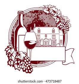 Abstract label with Grape vines around a round stamp, traditional vintage wine label, with old farm house inside, bottle of wine and glass, isolated on white, vector illustration