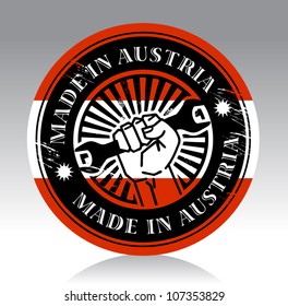 Abstract label with hand holding wrench and words made in austria, vector illustration