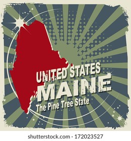 Abstract label with name and map of Maine, vector illustration