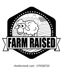 Abstract label with small sheep and the words Farm Raised, vector illustration