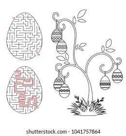 Abstract labyrinth in the form of an egg. Black Stroke. A game for children. With the answer. Easter tree. Simple flat vector illustration isolated on white background.