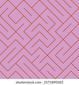 Abstract Labyrinth Geometric Maze seamless pattern in orange on pink background. For web background, wallpaper, fabric and  business card 