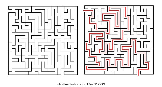 Abstract labyrinth for kids and adult on white background. Vector illustration with black square maze. Labyrinth with entry and exit. 