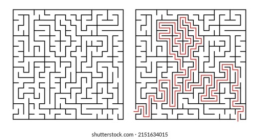 Abstract labyrinth for kids and adult on white background. Vector illustration with black square maze. Labyrinth with entry and exit. 