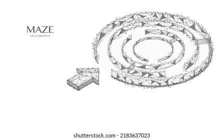 Abstract labyrinth low poly structure business technology concept. Circle maze with arrow wireframe entrance symbol blue background vector.