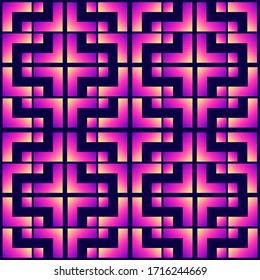 Abstract labyrinth or maze seamless pattern. Vector geometric wallpaper in neon pink and violet gradient colors.	