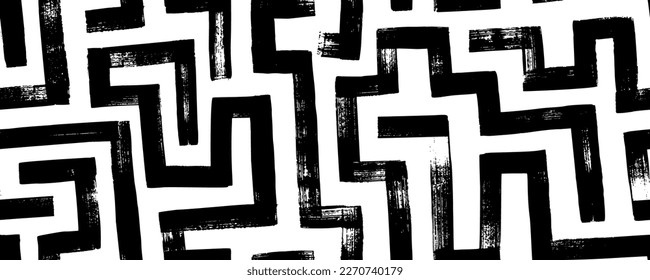 Abstract labyrinth seamless pattern. Hand drawn geometric maze vector background. Square grunge monochrome brush strokes. Maze lines ornament. Black and white tech texture. Geometric motives.