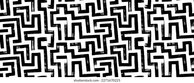 Abstract labyrinth seamless pattern. Hand drawn geometric maze vector background. Square grunge monochrome brush strokes. Maze lines ornament. Black and white tech texture. Geometric motives.