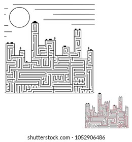 Abstract labyrinth. Silhouette of the city. An interesting game for children and adults. Simple flat vector illustration isolated on white background.