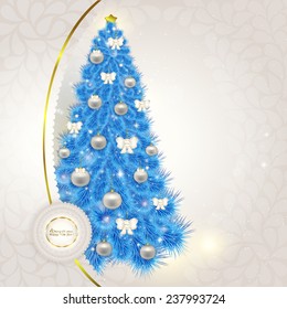 Abstract lace background with elegant Christmas blue Christmas tree with various ornaments and bows. Festive vector illustration blue Christmas tree with toys, Christmas card, card, menu, banner.