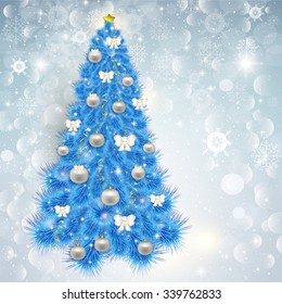 Abstract lace background with elegant Christmas blue Christmas tree with various ornaments and bows