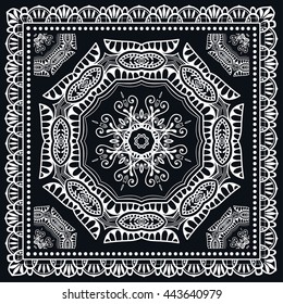 Abstract lace background, square geometric mandala pattern with ornate frame, tribal ethnic ornament. Bandanna shawl fabric print, silk neck scarf kerchief design. Black and white vector illustration.