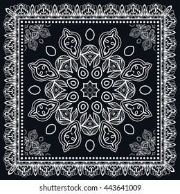 Abstract lace background, square geometric mandala pattern with ornate frame, tribal ethnic ornament. Bandanna shawl fabric print, silk neck scarf kerchief design. Black and white vector illustration.