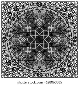 Abstract lace background, square geometric pattern with ornate frame. Bandanna shawl fabric print, silk neck scarf or kerchief design, vector illustration.