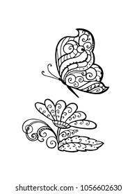 Abstract lace decorative butterfly and flower. Hand drawn illustration for greeting card, tattoo or any other kind of design