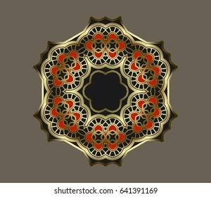 Abstract lace design. Round pattern Mandala, ornamental gold on black background. Ethnic vintage pattern., Vector illustration.