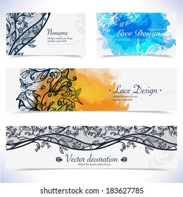 Abstract lace floral banner and visit card. Background pattern with splashes of watercolor. Vector corporate identity.Business set. Identity Design Template  for you.Place for text.