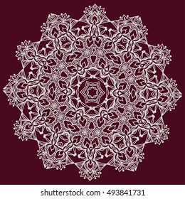 Abstract lace mandala snowflake on burgundy background. Vector illustration eps8