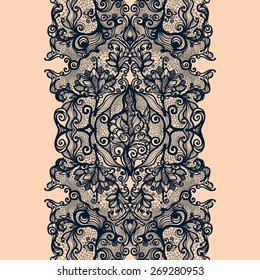 Abstract lace ribbon vertical seamless pattern. Template frame design for card. Lace Doily. Can be used for packaging, invitations, and template.