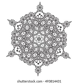 Abstract lace snowflake mandala ornament - Coloring page for adults concept. Vector illustration eps8