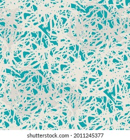 Abstract lace vector seamless pattern background. Blue white backdrop with fibrous thread mesh texture in blue and white. Yarn criss cross overlapping strands. Textured woven repeat for packaging