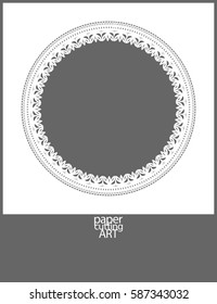 Abstract lacy round photo frame, ornamental, vintage pattern for laser wood cut or cutting paper art. Die cut paper card with cutout wreath ornament. Floral white lace. Cutout lace vignette. Vector