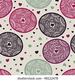 abstract lacy seamless pattern with circles and heart sprinkles which can be used as wallpaper or wrapping paper