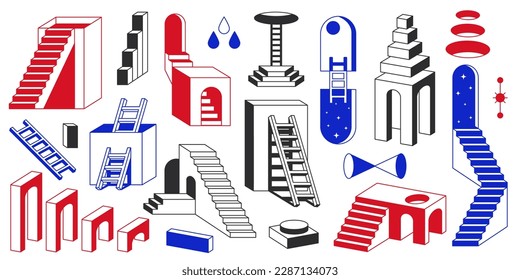 Abstract ladder shapes. Minimal geometric shapes of different sizes, shapes and forms. Colored universe collection of surrealistic. Vector set of ladder shape, graphic trendy stairway illustration