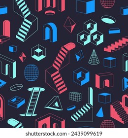 Abstract ladders pattern. Surreal stairs and geometric shapes flat vector seamless background illustration. Colorful surreal ladders endless backdrop