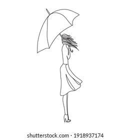 Abstract Lady with umbrella Vector Line Illustration. Portrait minimalistic style. Beaty salon logo.Woman Silhouette Botanical theme for print