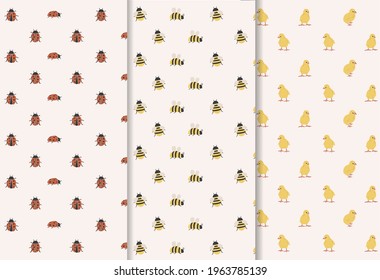 Abstract ladybug, bee, chicken pattern set, boho spring insect patterns collection, decorative insects, design for decoration, wrapping paper, fabric, print or textile, vector illustration