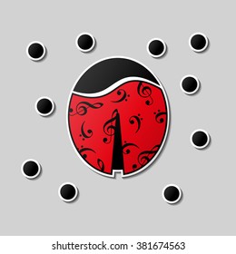 Abstract ladybug change its dots to music notes. Sticker style. Be another. Change clothes. Music summer. Dress code