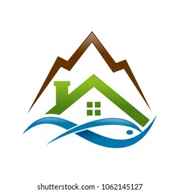 Abstract Lake House Fish Mountain Logo Symbol Design