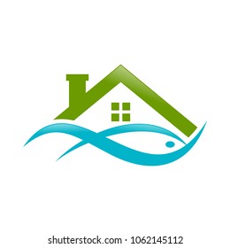 Abstract Lake House Watery Fish Green Logo Symbol Design