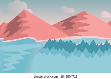 Resumen de la naturaleza del lago y de la montaña. pino en el lago. nube en el cielo sintiéndose cómoda. diseño esp10.