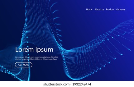 Abstract landing page background with blue particles. Flow wave with dot landscape. Digital data structure. Future mesh or sound grid. Pattern point visualization. Technology vector illustration.