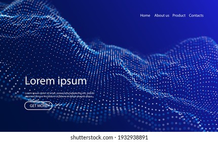 Abstract landing page background with blue particles. Flow wave with dot landscape. Digital data structure. Future mesh or sound grid. Pattern point visualization. Technology vector illustration.