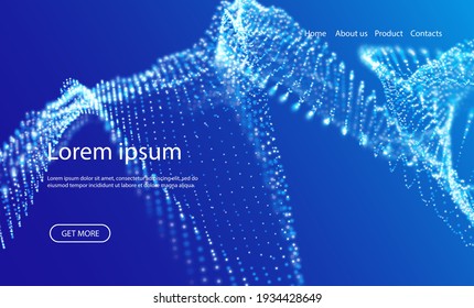 Abstract landing page background with blue particles. Flow wave with dot landscape. Digital data structure. Future mesh or sound grid. Pattern point visualization. Technology vector illustration.