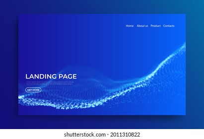 Abstract landing page background with blue particles. Flow wave with dot landscape. Digital data structure. Future mesh or sound grid. Pattern point visualization. Technology vector illustration.