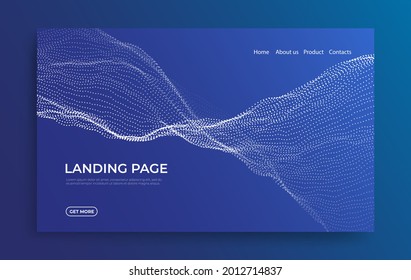 Abstract landing page background with blue particles. Flow wave with dot landscape. Digital data structure. Future mesh or sound grid. Pattern point visualization. Technology vector illustration.