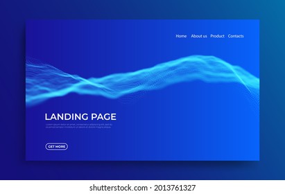 Abstract landing page background with blue particles. Flow wave with dot landscape. Digital data structure. Future mesh or sound grid. Pattern point visualization. Technology vector illustration.