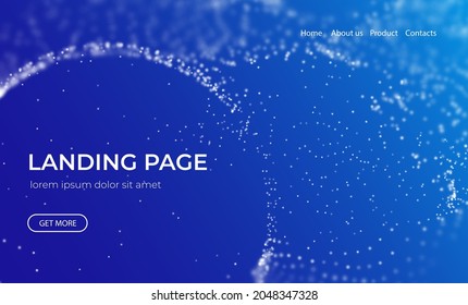 Abstract landing page background with blue particles. Flow wave with dot landscape. Digital data structure. Future mesh or sound grid. Pattern point visualization. Technology vector illustration.